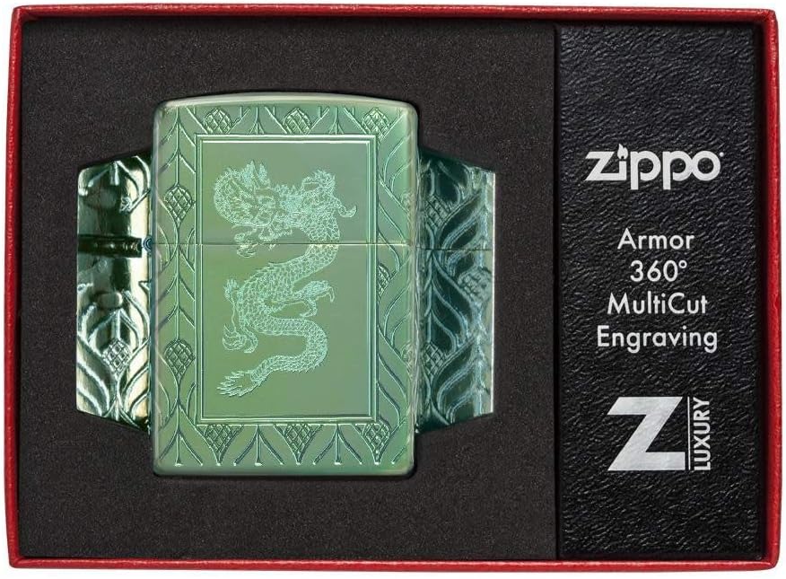 Zippo Armor High Polish Green Elegant Dragon Pocket Lighter, One Size