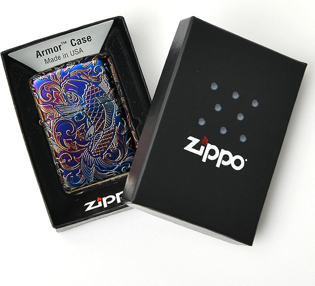 Zippo 162AS-CARP5 Lighter, Armor, Carp, Windproof, Brass, 5 Sides Finished, Japanese Pattern, Includes Special Stickers, Aurora Silver