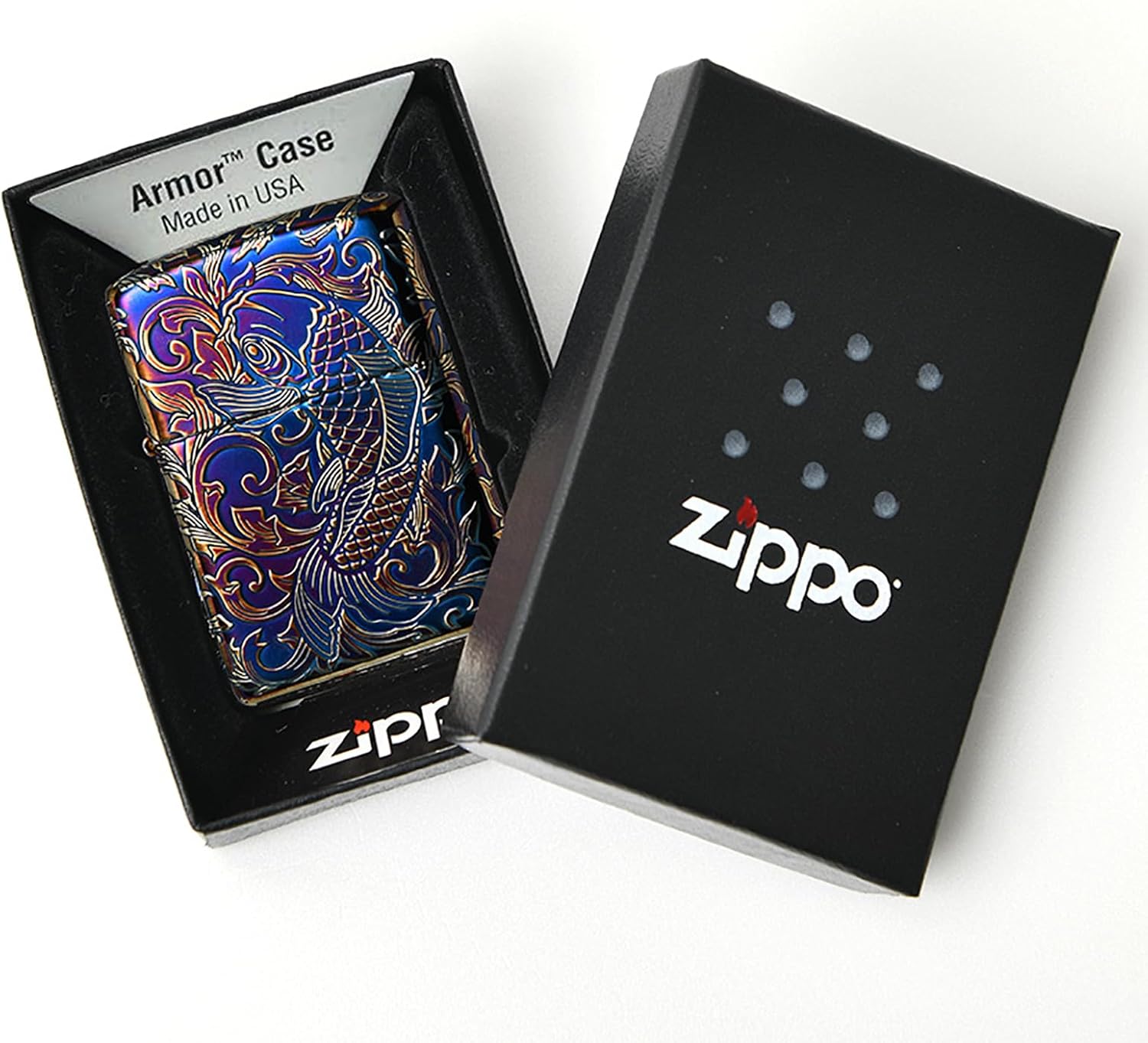 Zippo 162AS-CARP5 Lighter, Armor, Carp, Windproof, Brass, 5 Sides Finished, Japanese Pattern, Includes Special Stickers, Aurora Silver