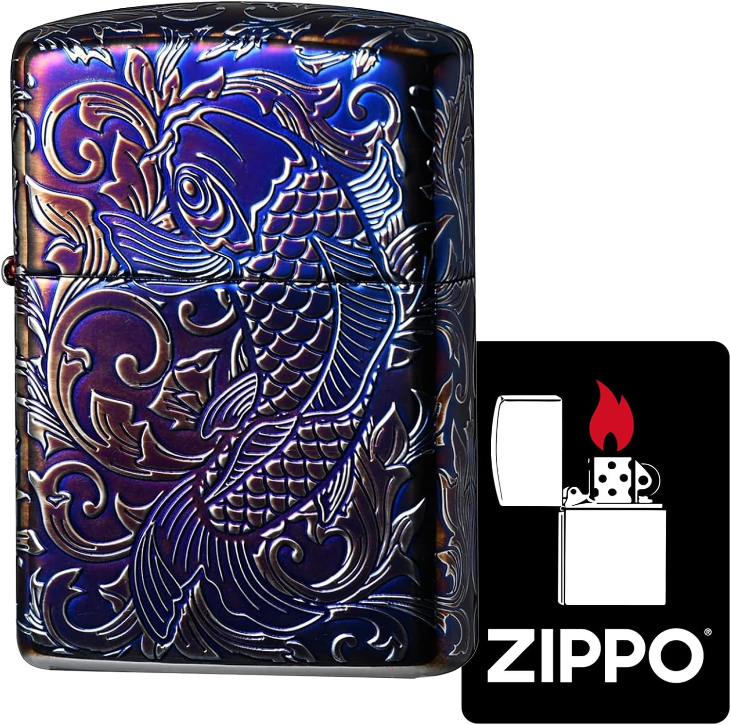 Zippo 162AS-CARP5 Lighter, Armor, Carp, Windproof, Brass, 5 Sides Finished, Japanese Pattern, Includes Special Stickers, Aurora Silver