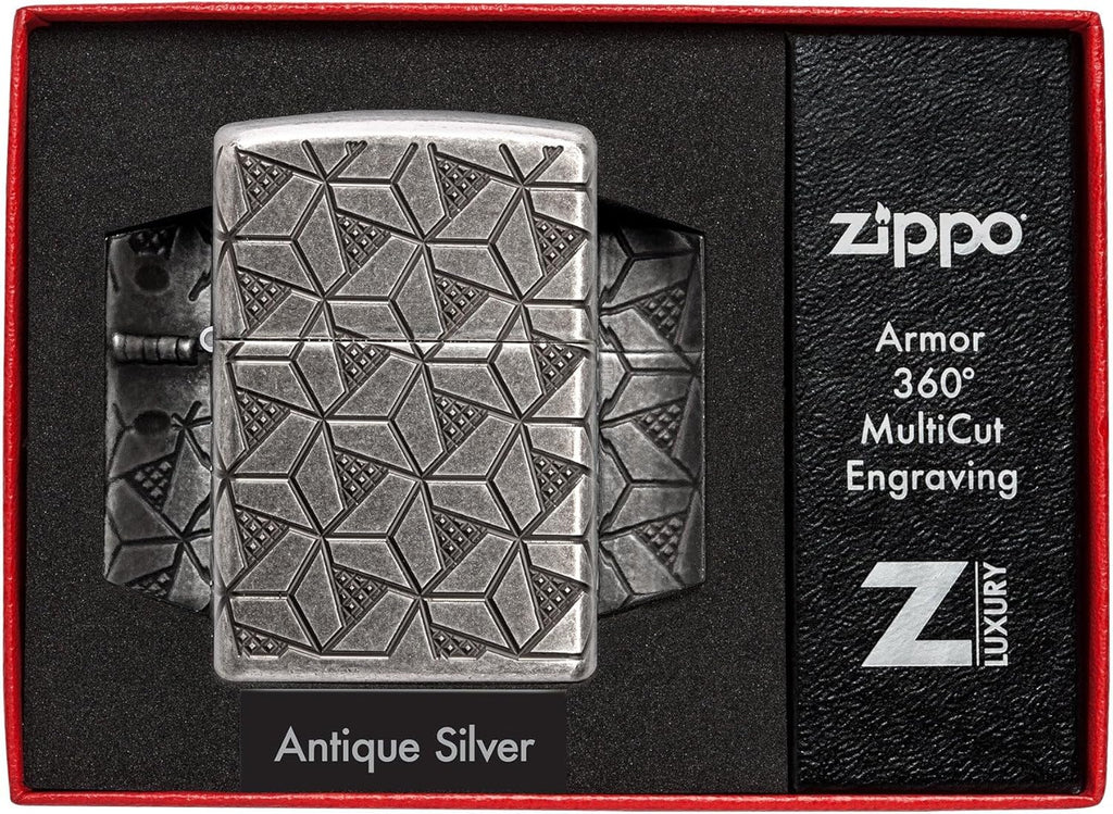 Zippo Lighter: Armor MultiCut Geometric Deep Carve - Antique Silver 49883